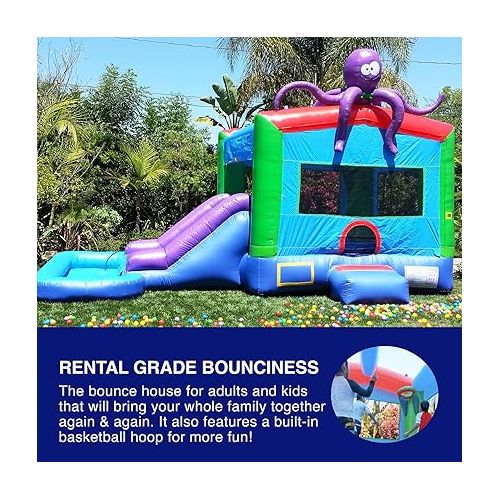  JumpOrange Octopus Commercial Grade Bounce House Water Slide with Splash Pool for Kids and Adults (with Blower), Wet Dry Combo, Basketball Hoop, Outdoor Indoor, Big Inflatable, Birthday Party Rental