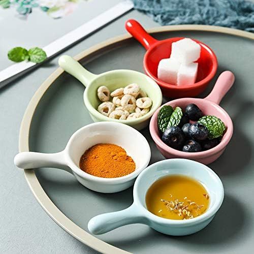  [아마존베스트]JunZiBuQi 8 Pcs Ceramic Sauce Dishes Colorful Mini Bowl Set Ketchup Side Dish Tableware Condiment Relish Plate Seasoning Soy Sauce Dishes Stackable Ramekins with Grip Handle (8pcs