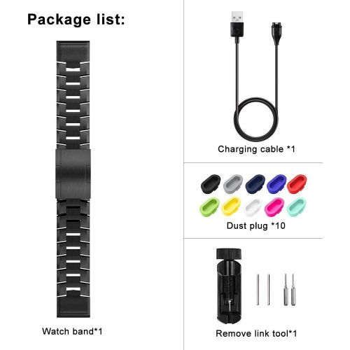  Junboer For Fenix 6 Pro Band + 10 Pack Dust Plugs + Charger Cable Set, 22mm Quick Fit Titanium Replacement Strap for Garmin Fenix 5/Fenix 5 Plus/Fenix 6/Fenix 6 Pro/Forerunner 935/945/Appr