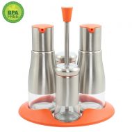 June Sky 2 Oil Bottle Olive Dispenser Liquid Container 2 Spice Jar Condiment Cruet-Salt Pepper Shakers with a Bottom Bracket, Best for Kitchen Use or BBQ,Made of Food Grade Glass,PP(Orange