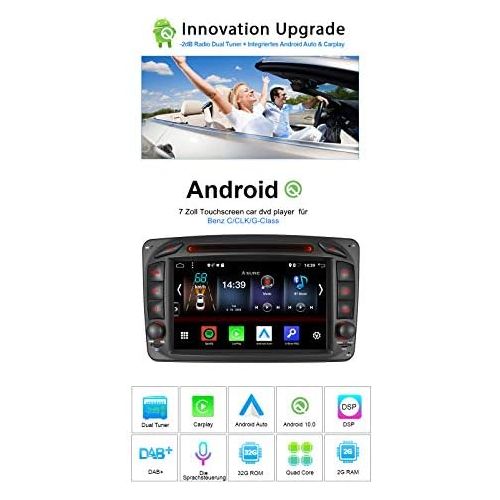  [아마존베스트]Junhua Android 10 Carplay + Android Car 2G + 32GB Rohm-DSP Bluetooth 5.0 Dual Tuner Car Radio 7 Inch DVD GPS Navigation for Mercedes Benz C/CLK Class W203 W209 C209 W209 W463 DAB+ WiFi 4G