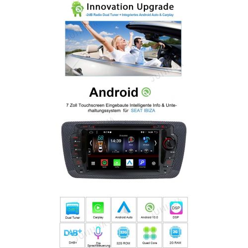  Junhua Android 10.0 Dual Tuner Car Radio Android Car + Carplay 2G + 32GB Quad Core Rohm DSP Bluetooth 5.0 with Navigation 7 Inch DVD GPS WiFi WLAN OBD2 AUX for Seat Ibiza 2009 2013