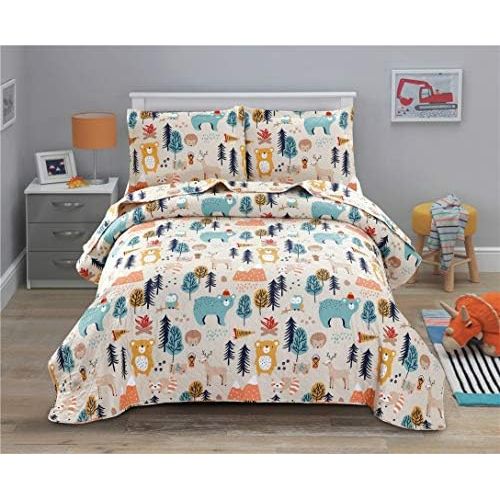  [아마존베스트]Junsey Kids Quilt Bedspreads Twin Size Bear Coverlet Set,3Pcs Forest Tree Deer Printed Quilts Set Lightweight Cartoon Bedspread Reversible Bedding Cover Pillow Shams