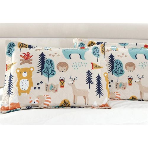  [아마존베스트]Junsey Kids Quilt Bedspreads Twin Size Bear Coverlet Set,3Pcs Forest Tree Deer Printed Quilts Set Lightweight Cartoon Bedspread Reversible Bedding Cover Pillow Shams