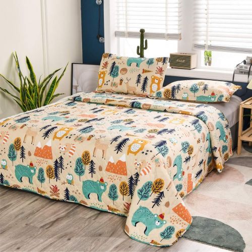  [아마존베스트]Junsey Kids Quilt Bedspreads Twin Size Bear Coverlet Set,3Pcs Forest Tree Deer Printed Quilts Set Lightweight Cartoon Bedspread Reversible Bedding Cover Pillow Shams