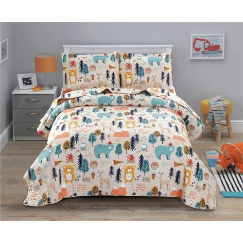  [아마존베스트]Junsey Kids Quilt Bedspreads Twin Size Bear Coverlet Set,3Pcs Forest Tree Deer Printed Quilts Set Lightweight Cartoon Bedspread Reversible Bedding Cover Pillow Shams