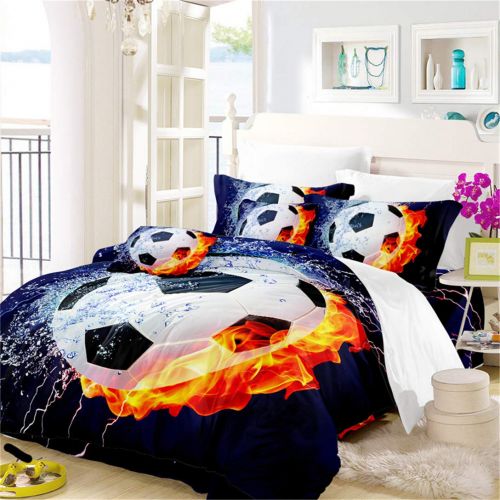  Junsey Cool Water Fire Football Bedding Set 3D Sports Soccer Ball Design Duvet Cover Set Full Size Teens Boys Bedding