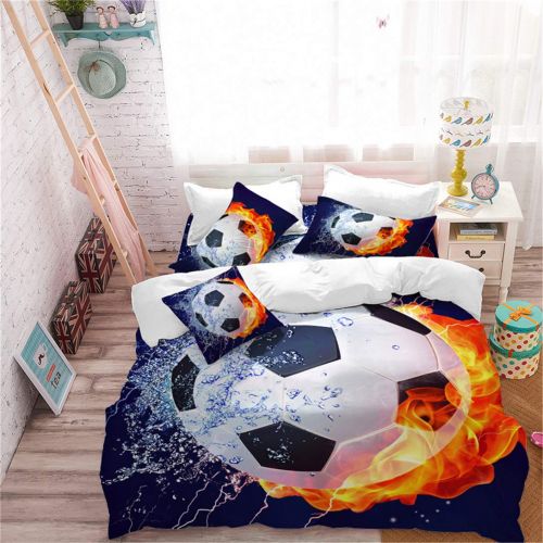  Junsey Cool Water Fire Football Bedding Set 3D Sports Soccer Ball Design Duvet Cover Set Full Size Teens Boys Bedding