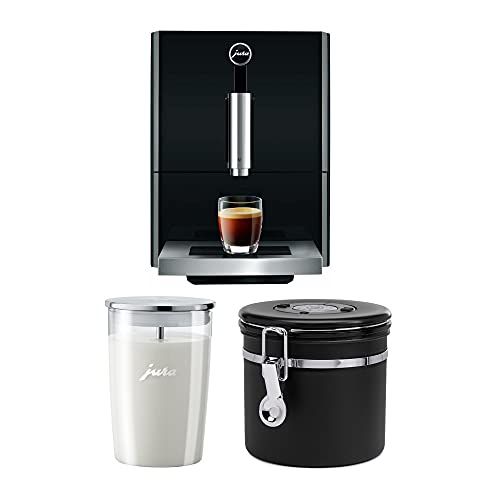  Jura A1 Ultra Compact Coffee Center 15148 with PEP, Piano Black, Includes Glass Milk Container and Bean Canister Bundle (3 Items)