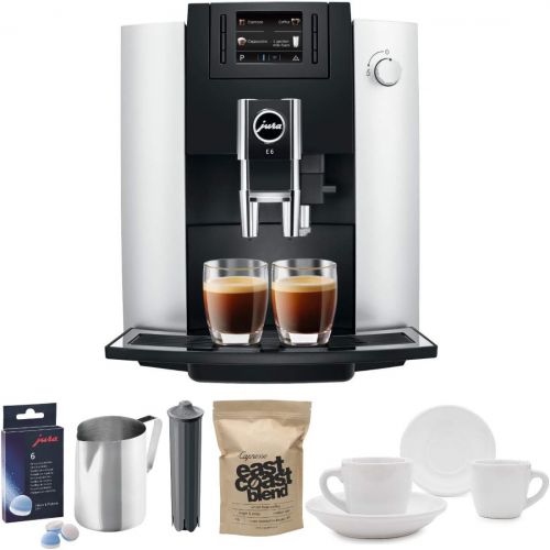  Jura 15070 E6 Automatic Coffee Center, Platinum Includes Filter Cartridge, Cleaning Tablets, Frothing Pitcher, Coffee Beans and 2 Ceramic Cups and Saucers