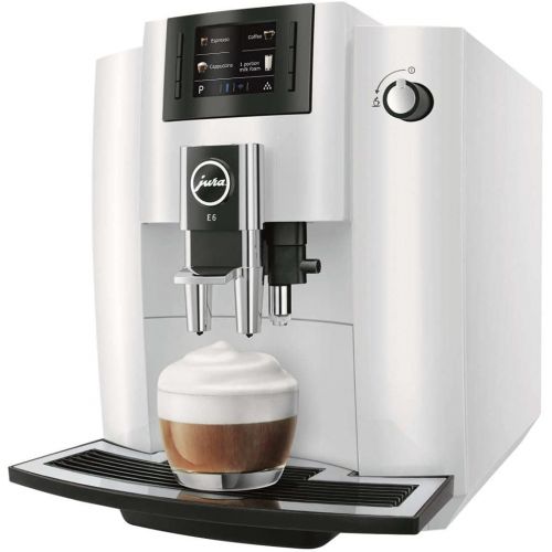 Jura E6 Automatic Coffee Center (Piano White) with Descaling Liquid, 2 Cup and Saucer Sets and Coffee Canister Bundle (5 Items)