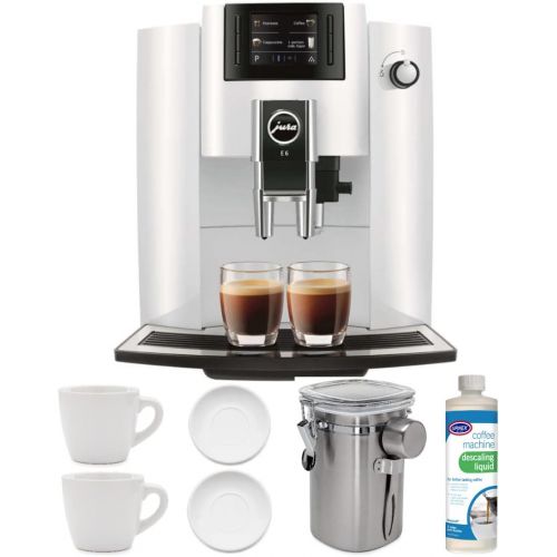  Jura E6 Automatic Coffee Center (Piano White) with Descaling Liquid, 2 Cup and Saucer Sets and Coffee Canister Bundle (5 Items)