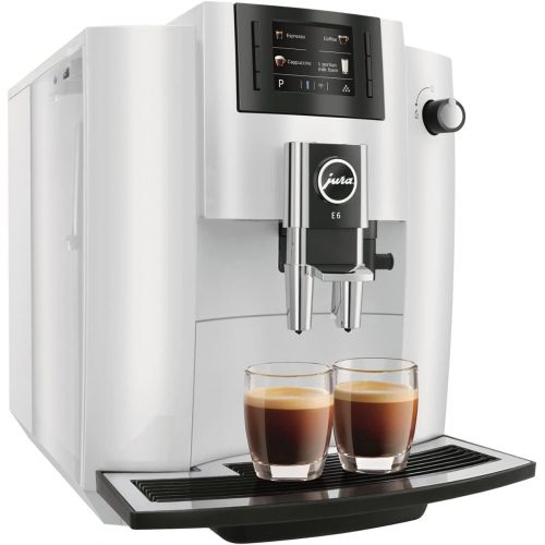  Jura E6 Automatic Coffee Center (Piano White) with Descaling Liquid, 2 Cup and Saucer Sets and Coffee Canister Bundle (5 Items)