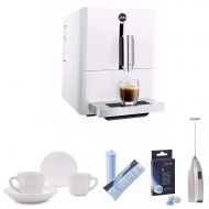 Jura A1 Ultra Compact Coffee Center with P.E.P. (White) Includes Jura Cleaning Tablets, Jura CLEARYL Blue Water Filter Cartridge, Handheld Milk Frother and Set of Two Cups and Sauc