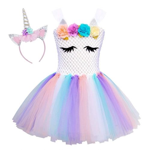  Jurebecia Girls Unicorn Rainbow Tutu Dress for Birthday Party Christmas Halloween Costumes Outfits 2-12 Years