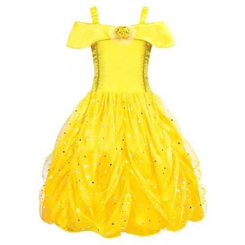  Jurebecia Princess Belle Costume for Girls Halloween Dress up Fancy Party Outfit 2-10 Years