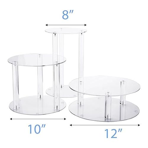  Jusalpha 3 Tier Large Acrylic Glass Round Wedding Cake Stand, Food Display Stand, Cupcake Stand, Dessert Display Platter WCS02 (3 tier with base tier)