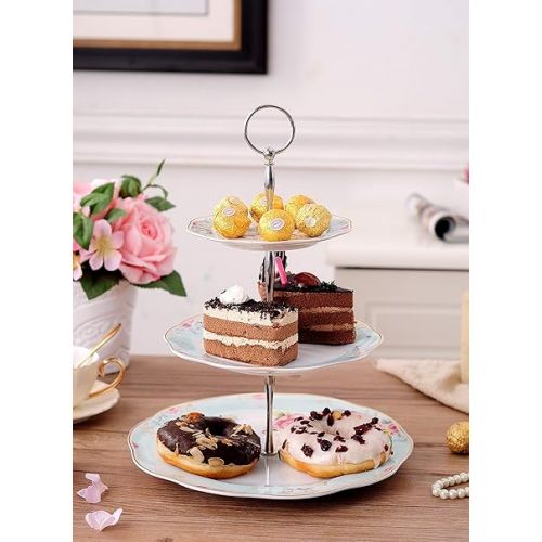  Jusalpha Light Blue 3-Tier Ceramic Cake Stand- Cupcake Stand- Tea Party Pastry Serving Platter Comes in a Gift Box- Free Sugar Tong (FD-QD3T)