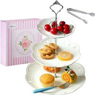 Cupcake Stand- Jusalpha 3-Tier White Porcelain Cake Stand Dessert Stand-Cupcake Stand-Tea Party Serving Platter, Comes in a Gift Box- Free Sugar Tong