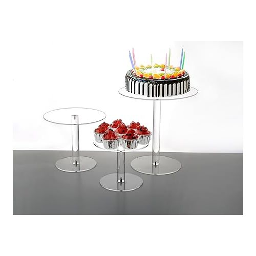  Jusalpha Set of 3 Round Acrylic Cake Stand for Retail Display, Wedding Cake, Dessert Table, Table Centerpiece, Cupcake Pastry Candy Display for Wedding, Event, Birthday Party (1, 8'' 10'' 12'')