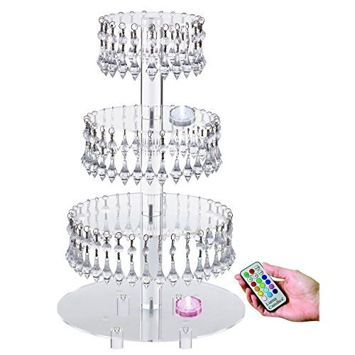  Jusalpha Pre-Installed Crystal Beads- 4 Tier Acrylic Cupcake Tower Stand with Hanging Crystal Bead-wedding Party Cake Tower (4 tier With Feet+LED Light)