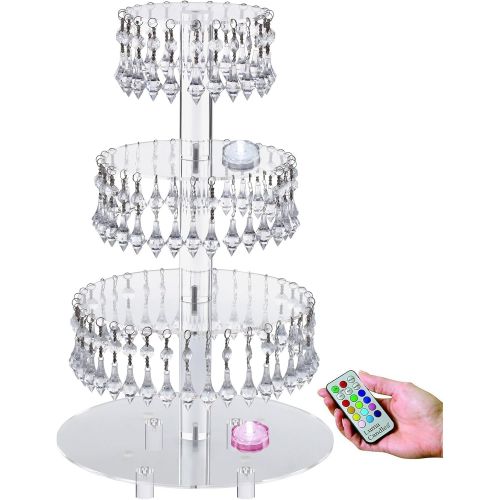  Jusalpha Pre-Installed Crystal Beads- 4 Tier Acrylic Cupcake Tower Stand with Hanging Crystal Bead-wedding Party Cake Tower (4 tier With Feet+LED Light)