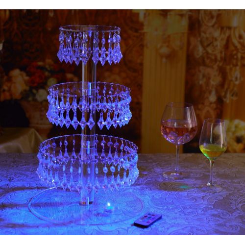  Jusalpha Pre-Installed Crystal Beads- 4 Tier Acrylic Cupcake Tower Stand with Hanging Crystal Bead-wedding Party Cake Tower (4 tier With Feet+LED Light)