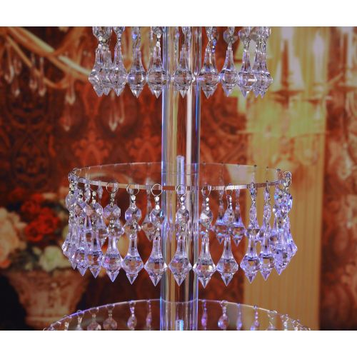  Jusalpha Pre-Installed Crystal Beads- 4 Tier Acrylic Cupcake Tower Stand with Hanging Crystal Bead-wedding Party Cake Tower (4 tier With Feet+LED Light)