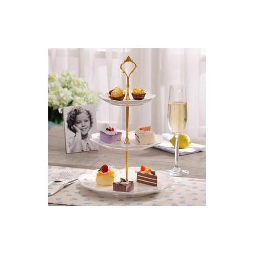  Jusalpha 3-tier White Ceramic Cake Stand-cupcake Stand- Dessert Stand-tea Party Serving Platter, Comes In a Gift Box- Free Sugar Tong (Gold/White, 1 Set)
