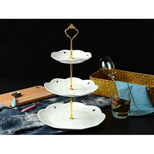  Jusalpha 3-tier White Ceramic Cake Stand-cupcake Stand- Dessert Stand-tea Party Serving Platter, Comes In a Gift Box- Free Sugar Tong (Gold/White, 1 Set)