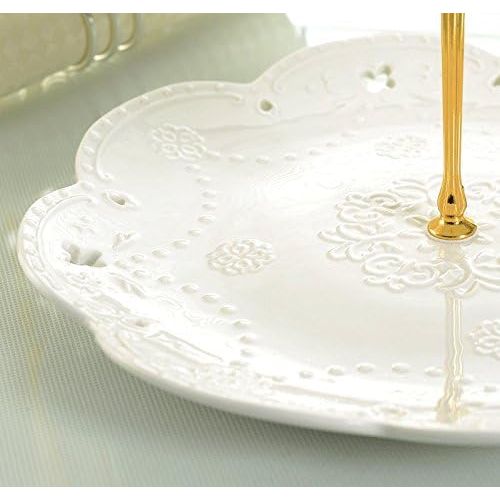  Jusalpha 3-tier White Ceramic Cake Stand-cupcake Stand- Dessert Stand-tea Party Serving Platter, Comes In a Gift Box- Free Sugar Tong (Gold/White, 1 Set)