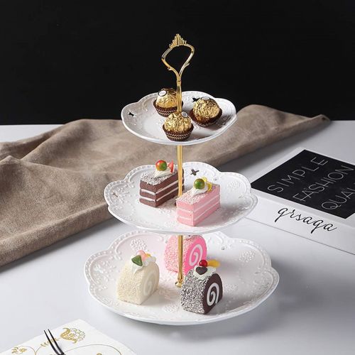  Jusalpha 3-tier White Ceramic Cake Stand-cupcake Stand- Dessert Stand-tea Party Serving Platter, Comes In a Gift Box- Free Sugar Tong (Gold/White, 1 Set)