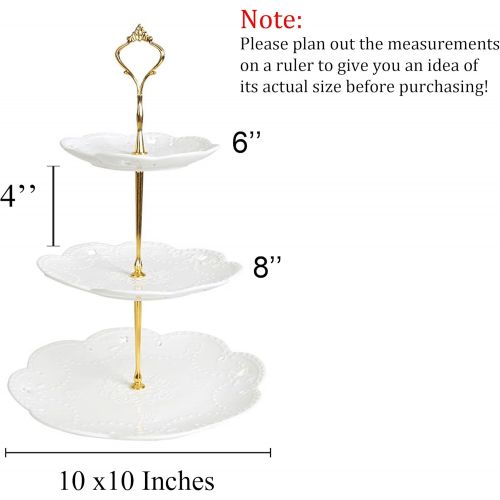  Jusalpha 3-tier White Ceramic Cake Stand-cupcake Stand- Dessert Stand-tea Party Serving Platter, Comes In a Gift Box- Free Sugar Tong (Gold/White, 1 Set)