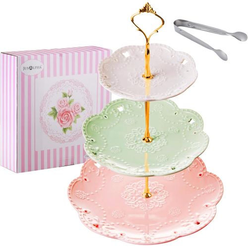  Jusalpha 3-tier Ceramic Cake Stand-Dessert Stand-Cupcake Stand-Tea Party Serving Platter, Comes In a Gift Box- Free Sugar Tong,3 Color (Silver)