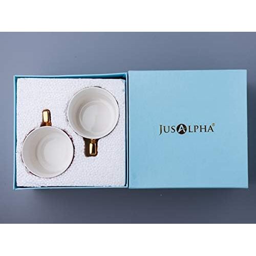  Jusalpha Set of 2 Elegant Modern Blue and Red Tea Cups and Saucers Set-Coffee Cup Set with Saucer and Spoon FD-TCS17 (Circle pattern)