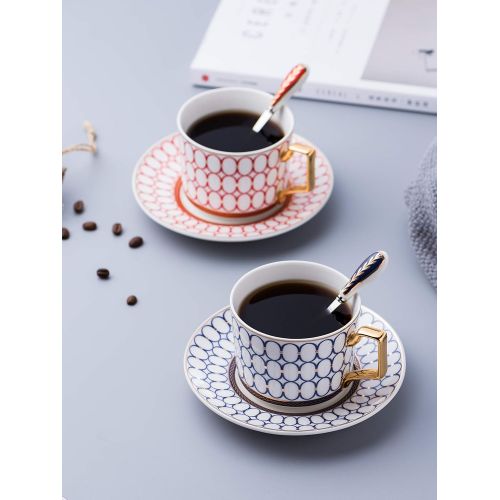  Jusalpha Set of 2 Elegant Modern Blue and Red Tea Cups and Saucers Set-Coffee Cup Set with Saucer and Spoon FD-TCS17 (Circle pattern)