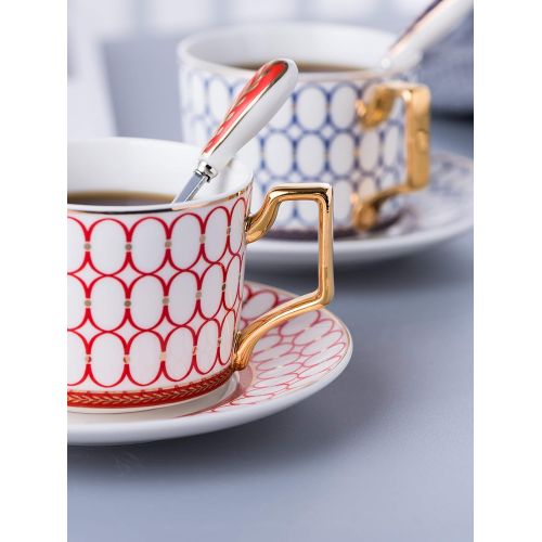  Jusalpha Set of 2 Elegant Modern Blue and Red Tea Cups and Saucers Set-Coffee Cup Set with Saucer and Spoon FD-TCS17 (Circle pattern)