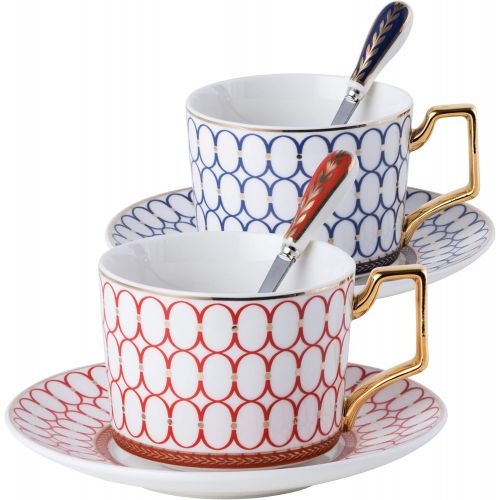  Jusalpha Set of 2 Elegant Modern Blue and Red Tea Cups and Saucers Set-Coffee Cup Set with Saucer and Spoon FD-TCS17 (Circle pattern)