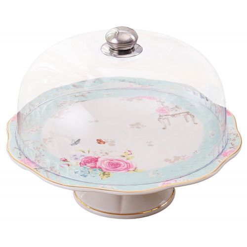  Jusalpha Blue Vintage English Style Ceramic Decorative Cake Stand-Cupcake Stand with Dome, FDCS04