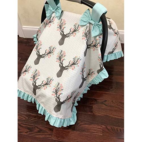  Just Baby Designs Inc Car Seat Cover, Girl Car Seat Canopy, Floral Deer, Aqua, Coral