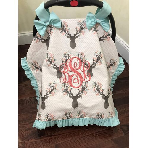  Just Baby Designs Inc Car Seat Cover, Girl Car Seat Canopy, Floral Deer, Aqua, Coral