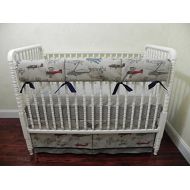 Just Baby Designs Inc Nursery Bedding, Bumperless Baby Crib Bedding Set Evan, Baby Boy Bedding, Teething Rail Guard, Vintage Airplanes with Gray and Navy Baby Bedding - Choose Your Pieces