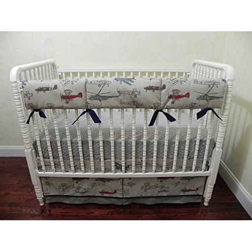  Just Baby Designs Inc Nursery Bedding, Bumperless Baby Crib Bedding Set Evan, Baby Boy Bedding, Teething Rail Guard, Vintage Airplanes with Gray and Navy Baby Bedding - Choose Your Pieces