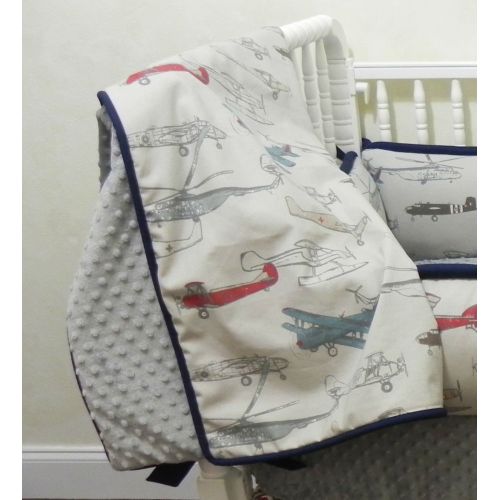  Just Baby Designs Inc Nursery Bedding, Bumperless Baby Crib Bedding Set Evan, Baby Boy Bedding, Teething Rail Guard, Vintage Airplanes with Gray and Navy Baby Bedding - Choose Your Pieces
