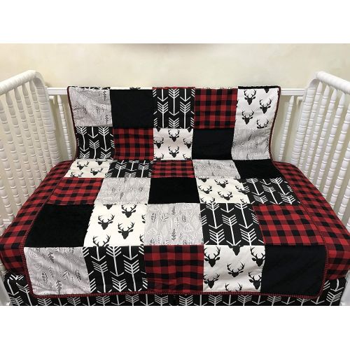  Just Baby Designs Inc Nursery Bedding,1 - 5 piece Bumperless Baby Crib Bedding Set Adrian - Deer Crib Bedding with Black Arrows and Red & Black Buffalo Plaid, Crib Rail Guard Cover - Choose Your Pieces