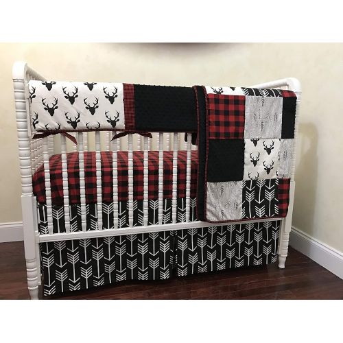  Just Baby Designs Inc Nursery Bedding,1 - 5 piece Bumperless Baby Crib Bedding Set Adrian - Deer Crib Bedding with Black Arrows and Red & Black Buffalo Plaid, Crib Rail Guard Cover - Choose Your Pieces