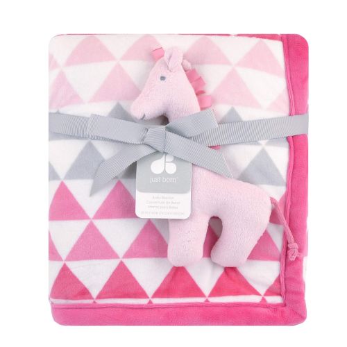  Just Born 2-Ply Suede Plush Blanket with Rattle, Pink, One Size