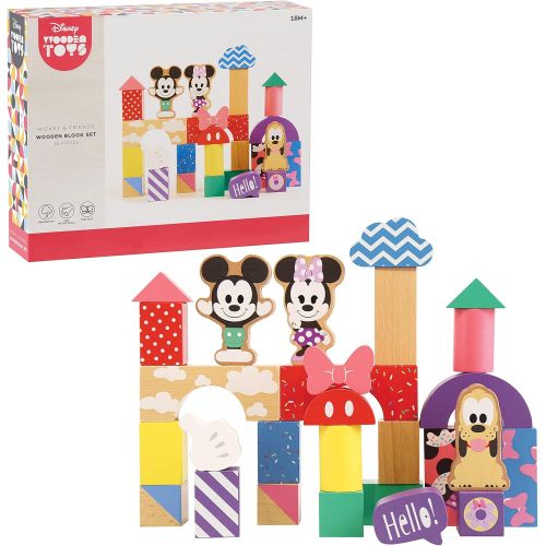  Disney Wooden Toys Mickey Mouse & Friends Block Set, 28 Piece Set Includes Mickey Mouse, Minnie Mouse, and Pluto Block Figures, Amazon Exclusive, by Just Play