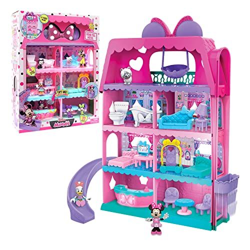 디즈니 Just Play Minnie Mouse Bow-Tel Hotel, 2-Sided Playset with Lights, Sounds, and Elevator, 20 Pieces, Includes Minnie Mouse, Daisy Duck, and Snowpuff Figures