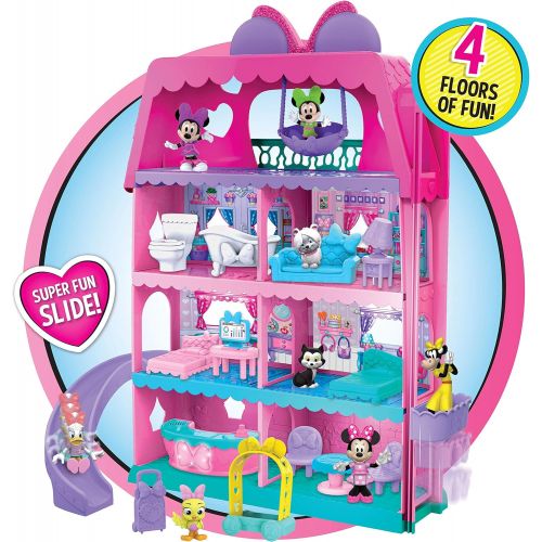 디즈니 Just Play Minnie Mouse Bow-Tel Hotel, 2-Sided Playset with Lights, Sounds, and Elevator, 20 Pieces, Includes Minnie Mouse, Daisy Duck, and Snowpuff Figures